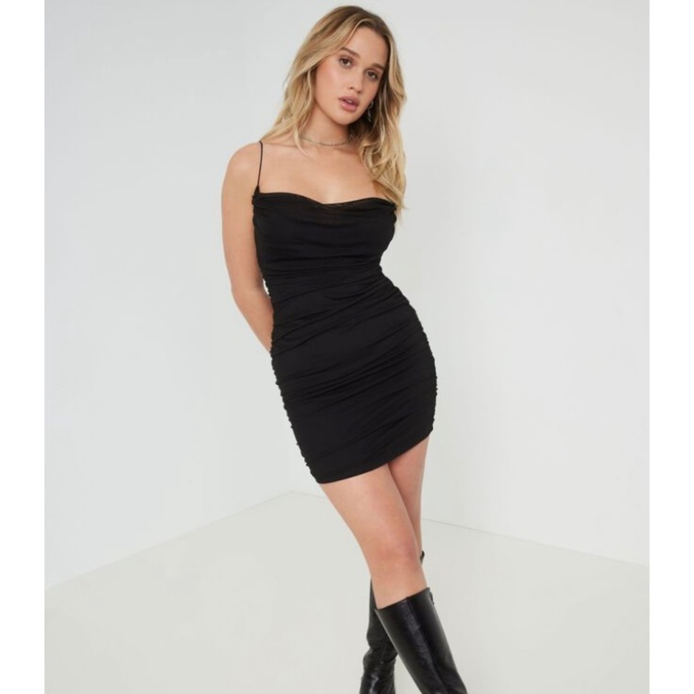 ✨BRAND NEW✨ GARAGE BLACK MESH RUCHED CAMI FITTED DRESS WITH THIN ELASTIC STRAPS
